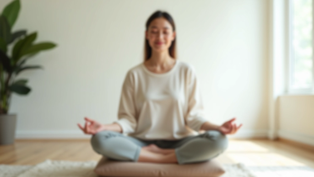 Person sitting peacefully on meditation cushion in minimalist room with soft natural lighting