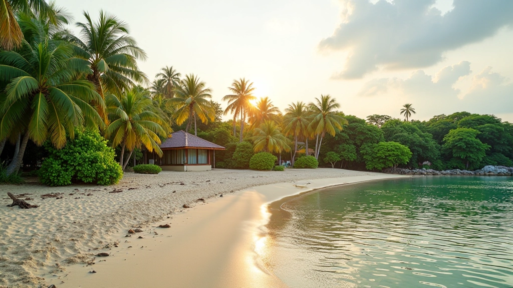 Tropical beach landscape with lush greenery and calm waters at Pulau Ubin